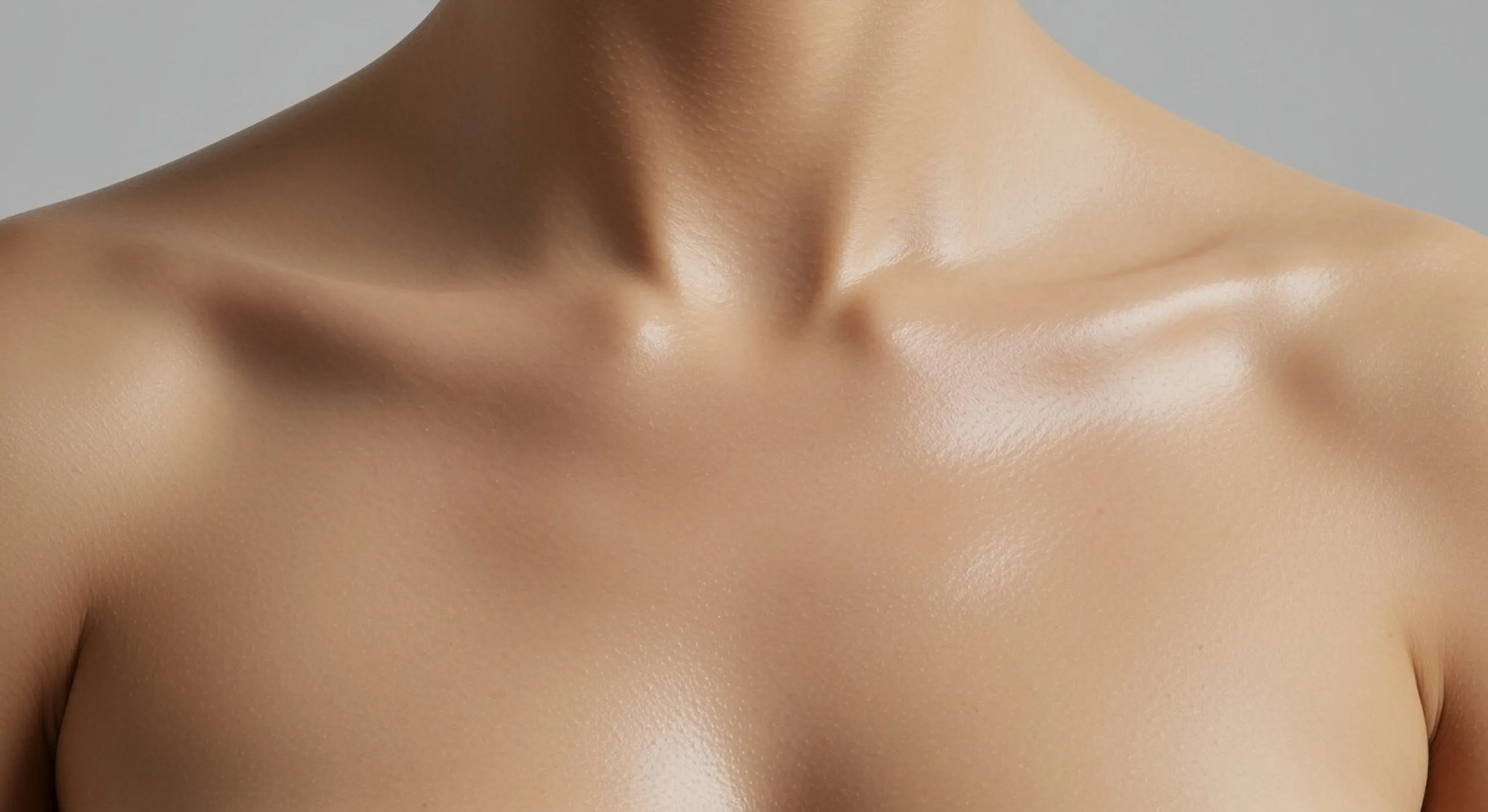 Close-up of smooth neck and collarbone skin highlighting texture and elasticity, illustrating treatment options for crepey skin including RF, laser treatments, and biostimulators that stimulate collagen for crepey neck and thin skin.