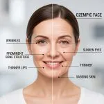 Split-face illustration showing before-and-aftereffects of Ozempic face, highlighting wrinkles, sunken eyes, sagging skin, and facial volume loss after weight loss, relevant to Ozempic face treatment and restoring facial volume after weight loss. Solutions offered at Greenwich Medical Spa.