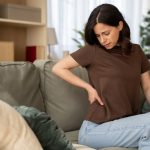 A woman experiencing perimenopause joint pain and body aches, illustrating menopause symptoms discussed by Greenwich Medical Spa.